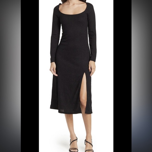 ASTR The Label Knit Midi Dress Black Long Sleeve Scoop Neck Slit NEW Size Small - Picture 6 of 11